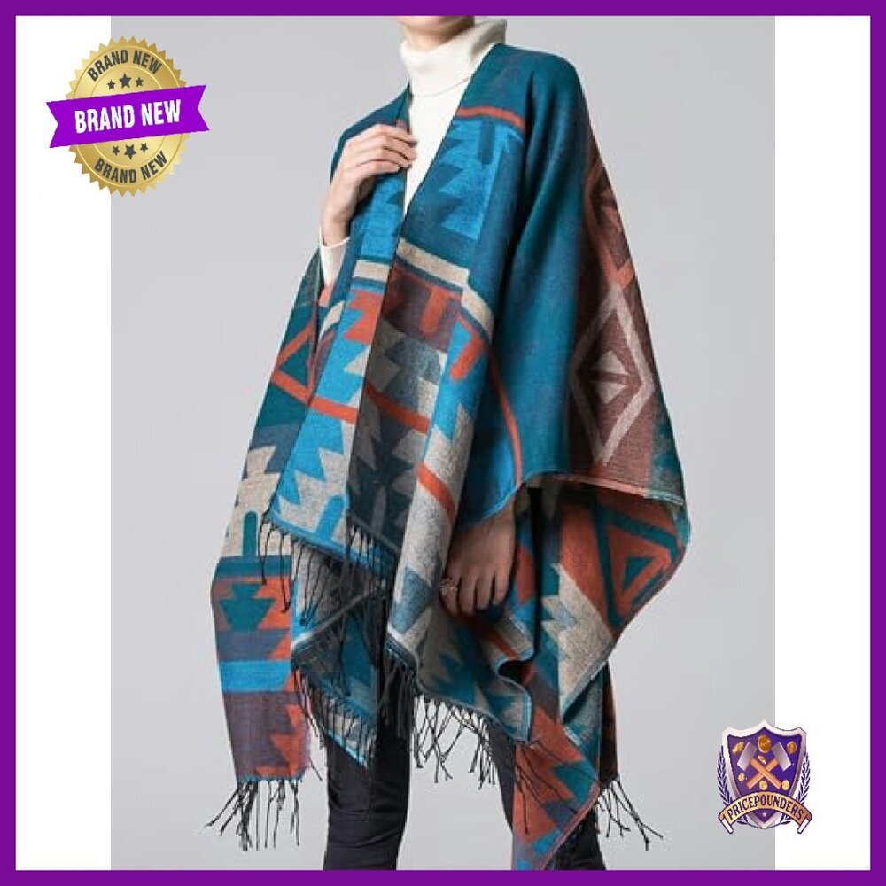 Oversized Shawl Poncho Sweater Cape with Tassels, 50% Polyester 50% Acrylic - Picture 4 of 6